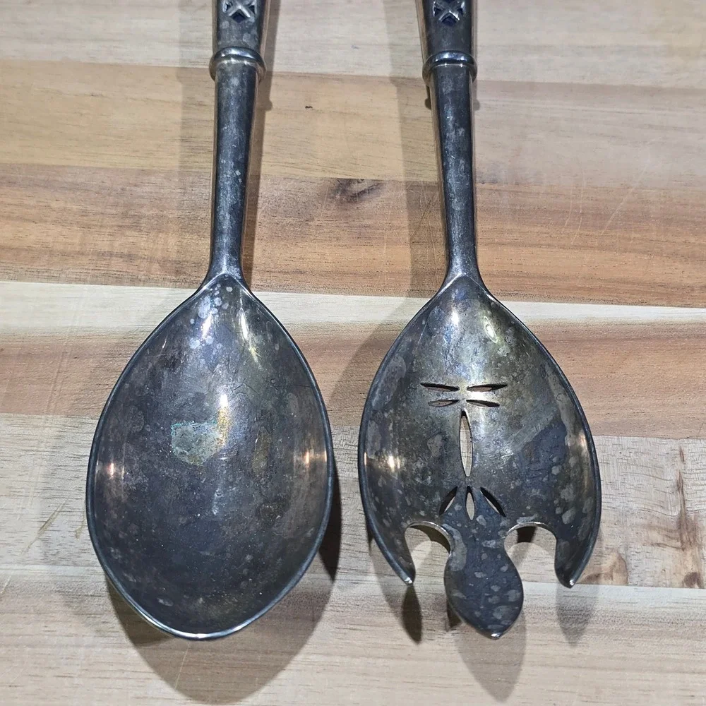 Vintage Silver Plate Blue Guilloche Enamel Salad Servers Set‎ 10.5